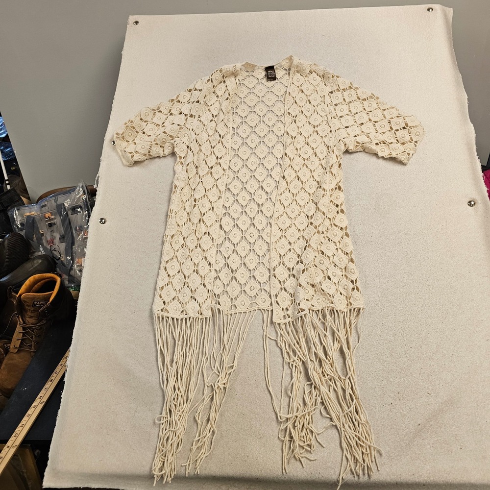 Raj Cream Crochet Fringe Cardigan One Size 100% Cotton Boho Open Knit Cover Up